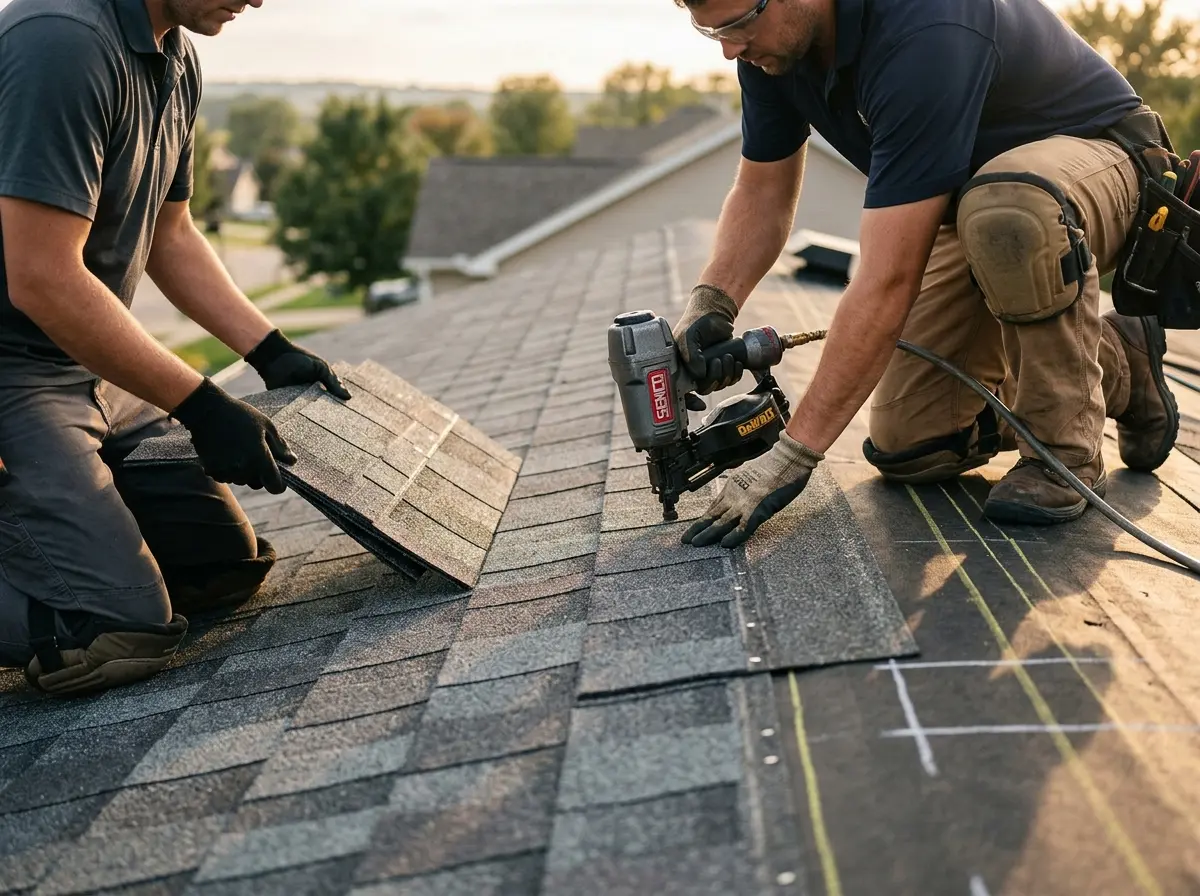 Professional roofer working on a residential roof in Maquoketa